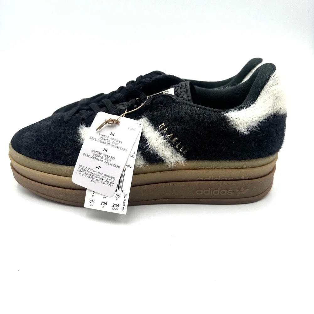 Adidas Gazelle Bold Furry Core Black/Cream White/Gold JS3907 Women's Size 8.5